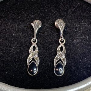 Vintage Natural Thailand Marcasite & Onyx Sterling Silver Drop Earrings